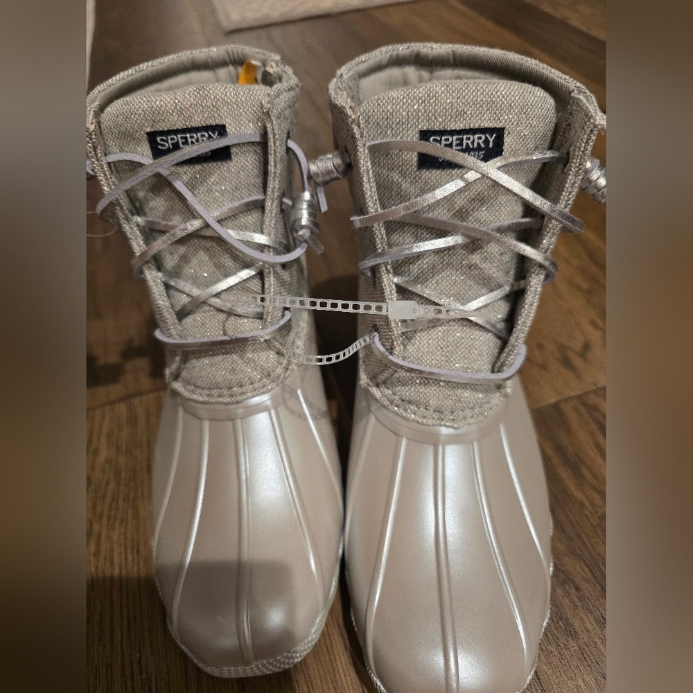 🆕 Sperry Topsider Core Saltwater Rain Duck Boots Grey Silver Iridescent Kids - Picture 8 of 16